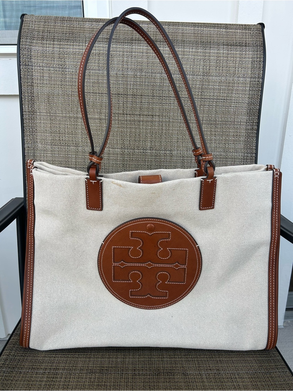 TORY BURCH Ella Canvas tote large Brown Leather Natural Classic Cuoio Bag Auth